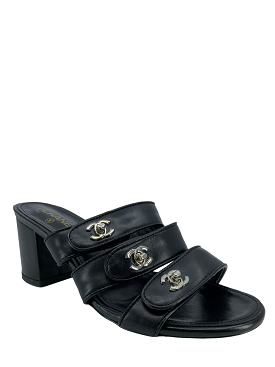 Chanel CC Turnlock Leather Sandals - Size 9.