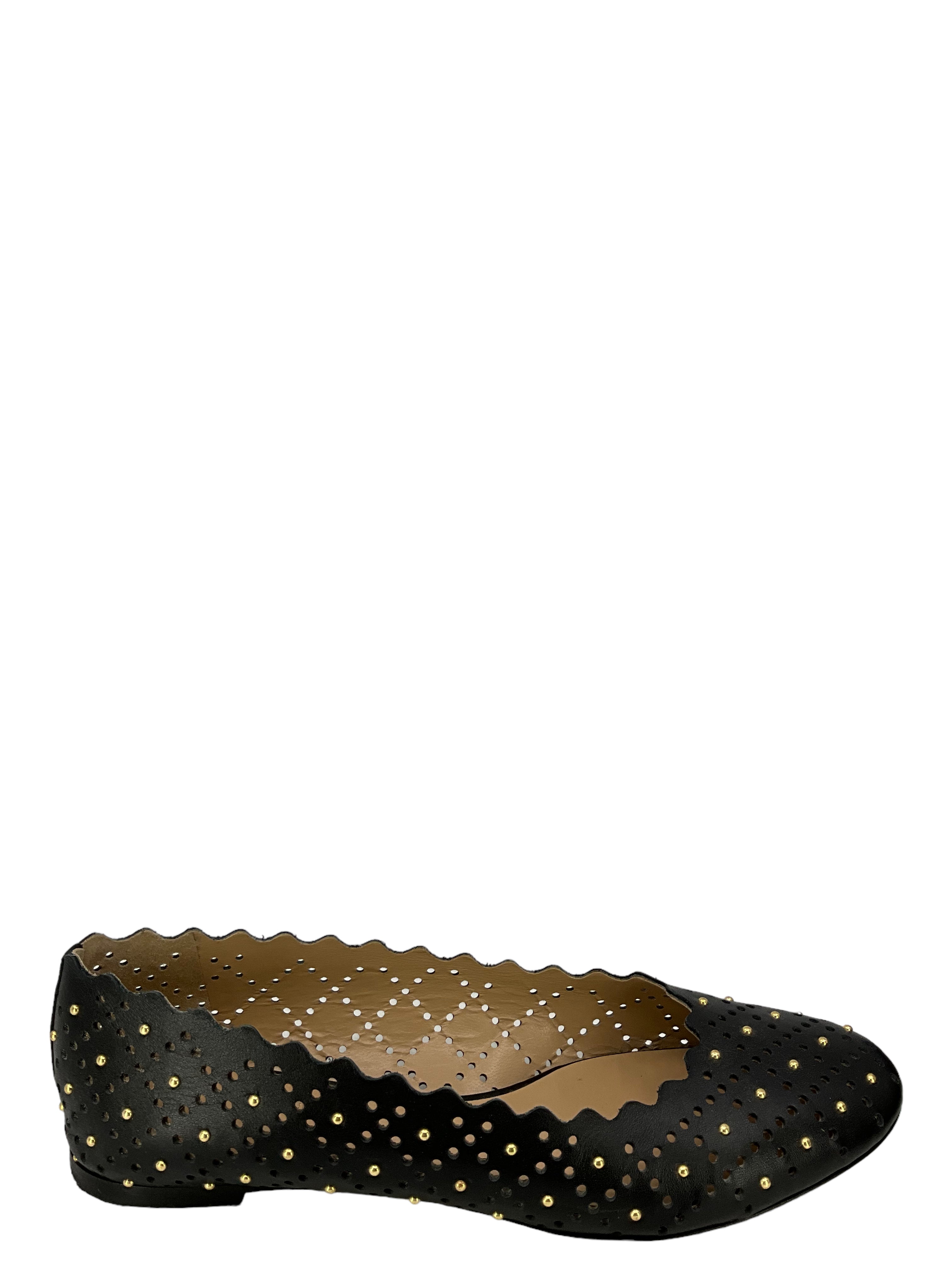 Chloe Black Laser Cut Studded Leather Flats - Size 11