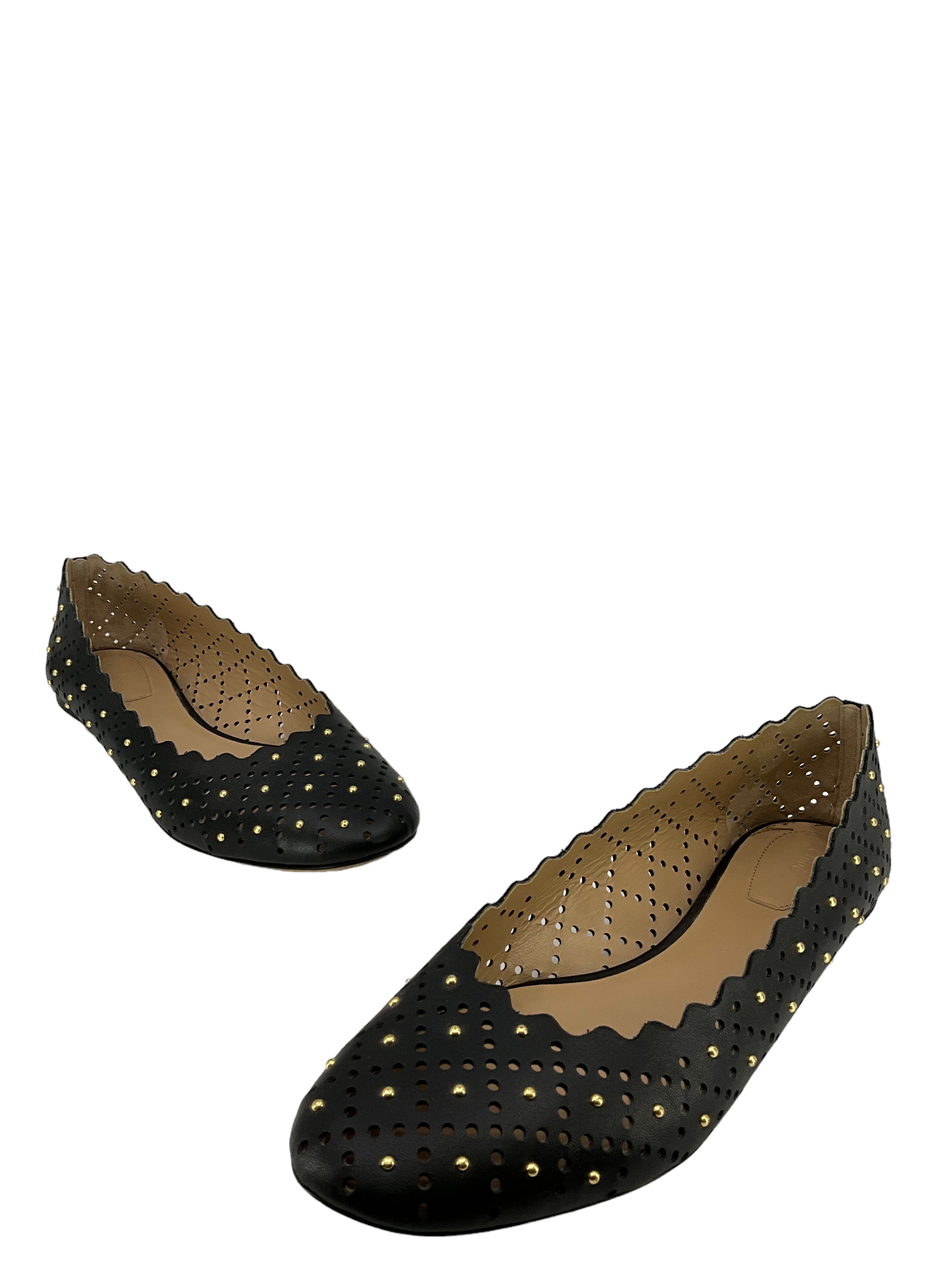 Chloe Black Laser Cut Studded Leather Flats - Size 11