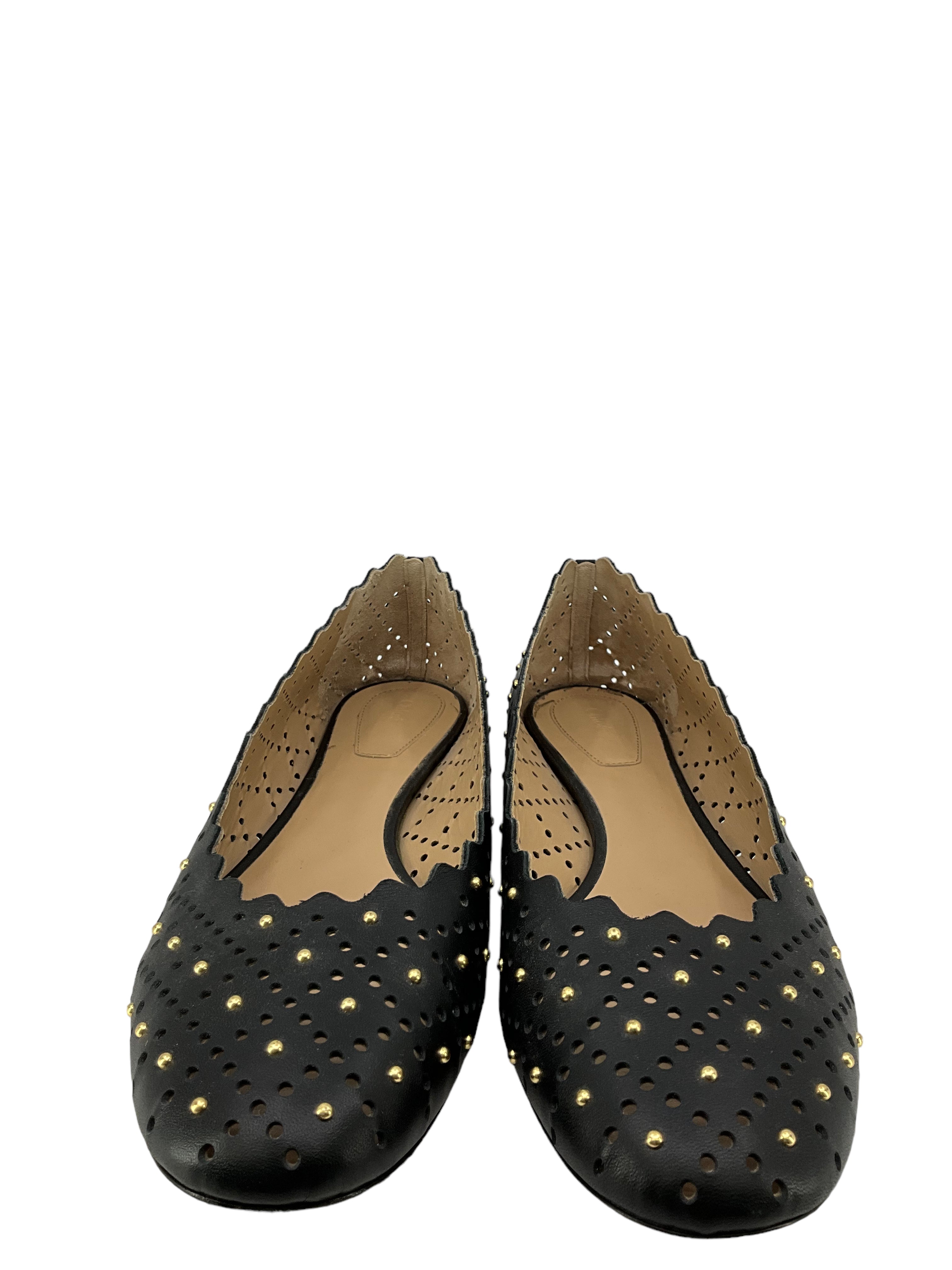 Chloe Black Laser Cut Studded Leather Flats - Size 11