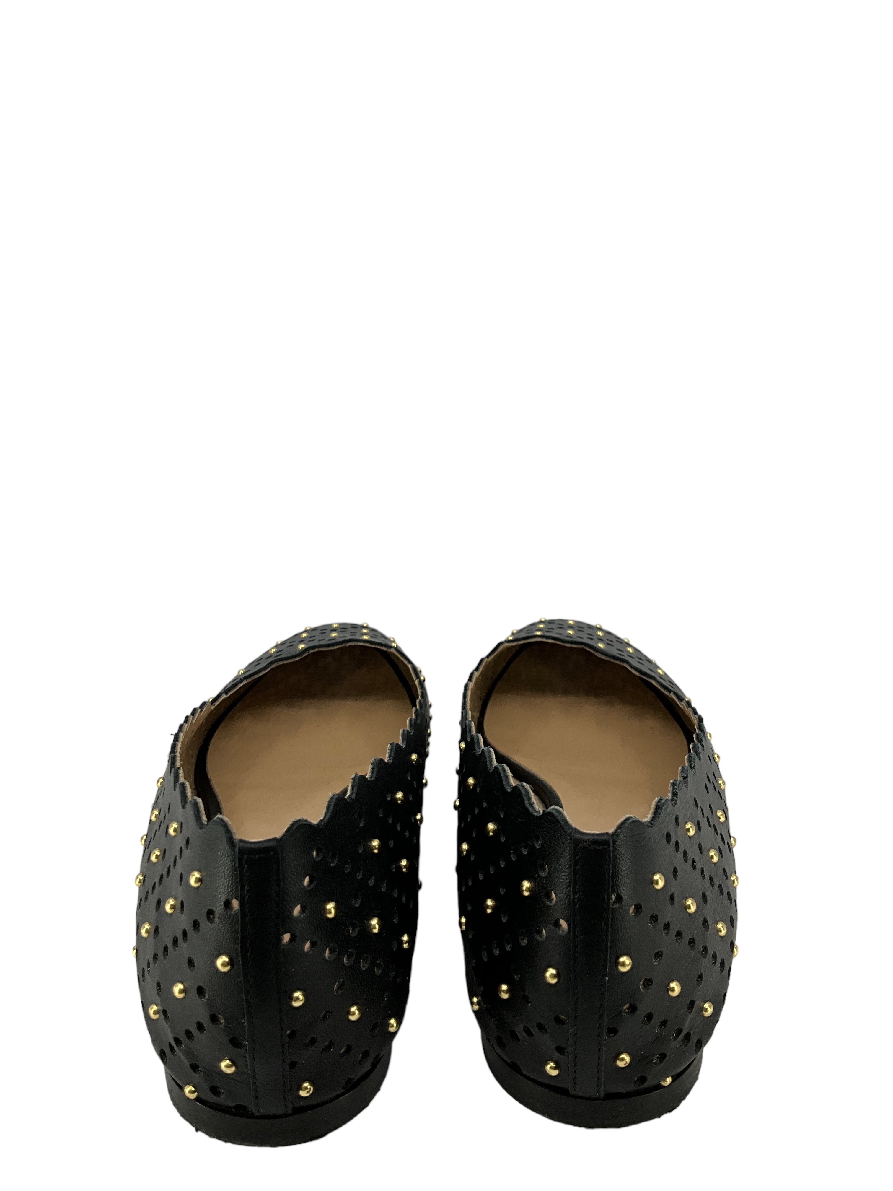 Chloe Black Laser Cut Studded Leather Flats - Size 11