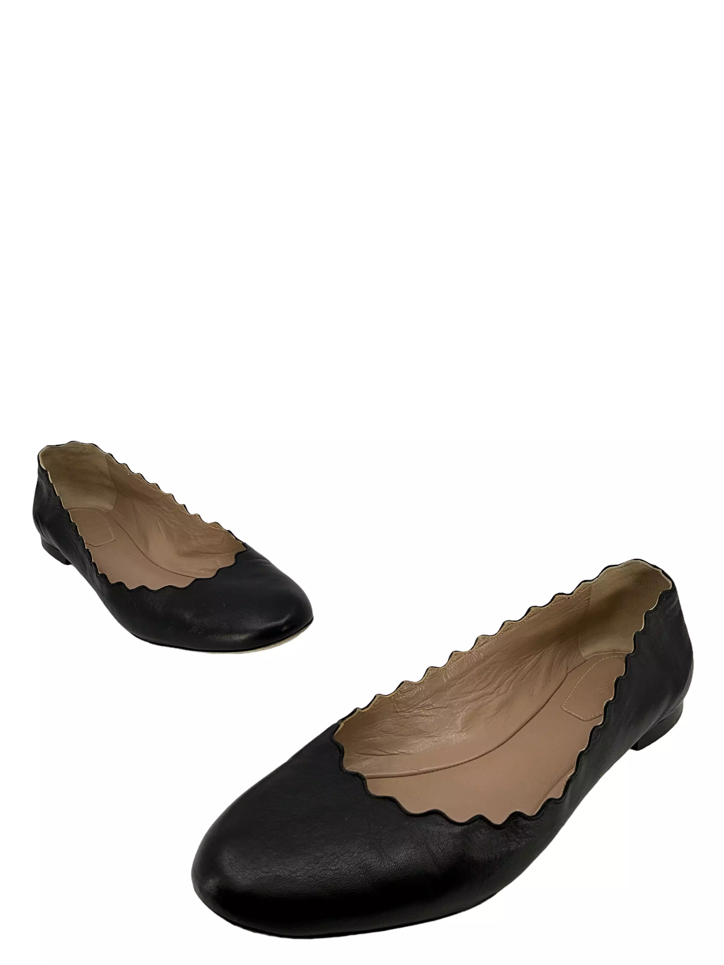 Chloe Lauren Black Leather Flats Size 7.5 - Scalloped Design