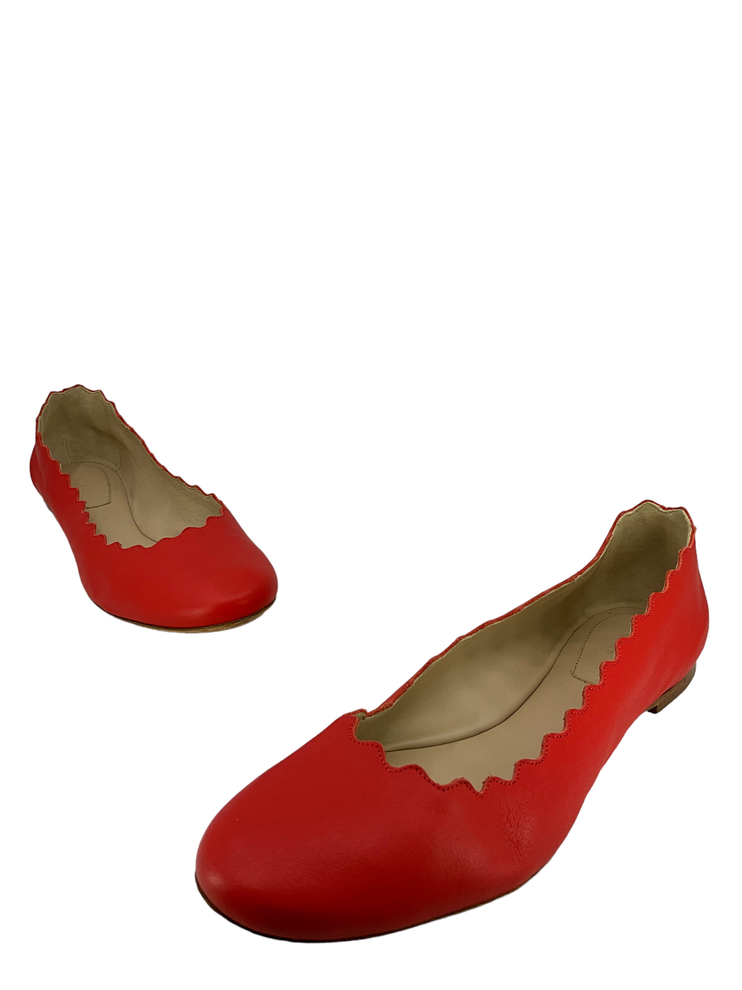 Chloe Lauren Red Leather Flats Size 7.5 Scalloped