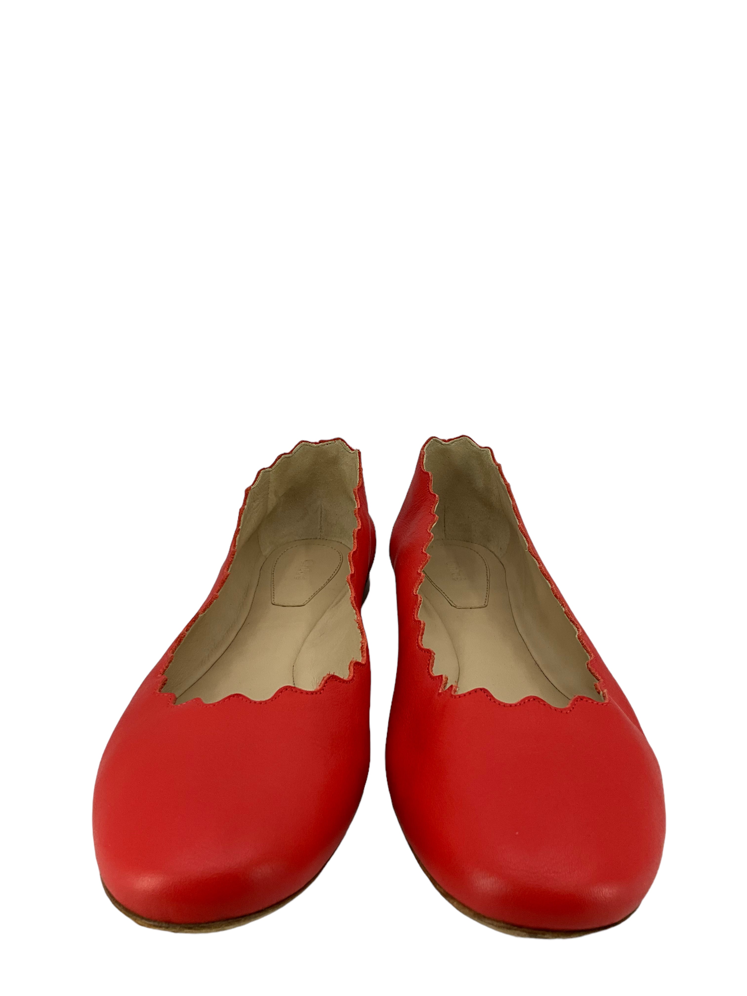 Chloe Lauren Red Leather Flats Size 7.5 Scalloped