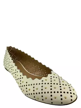 Chloe White Laser-Cut Studded Leather Flats - Size 11