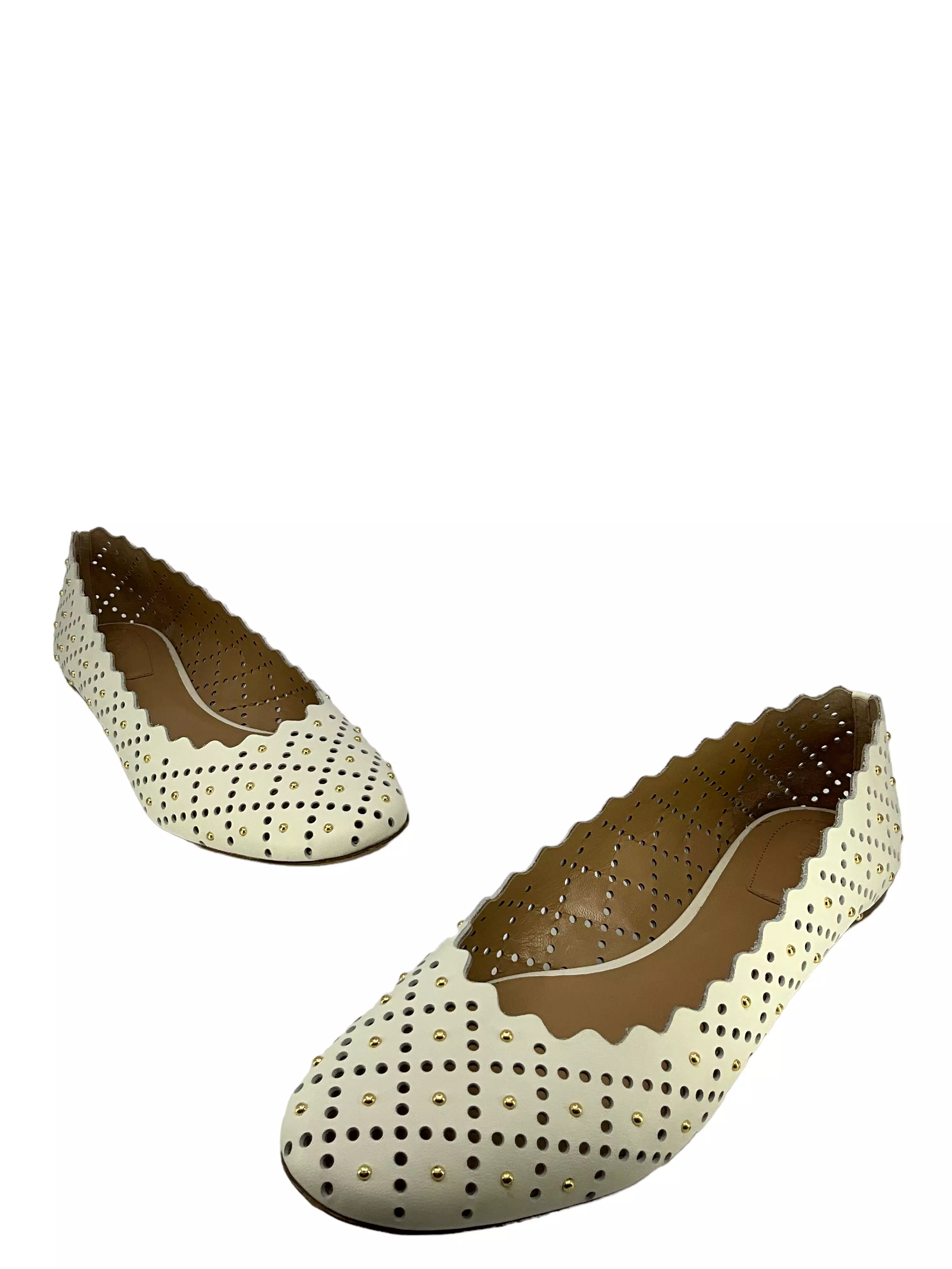 Chloe White Laser-Cut Studded Leather Flats Size 11