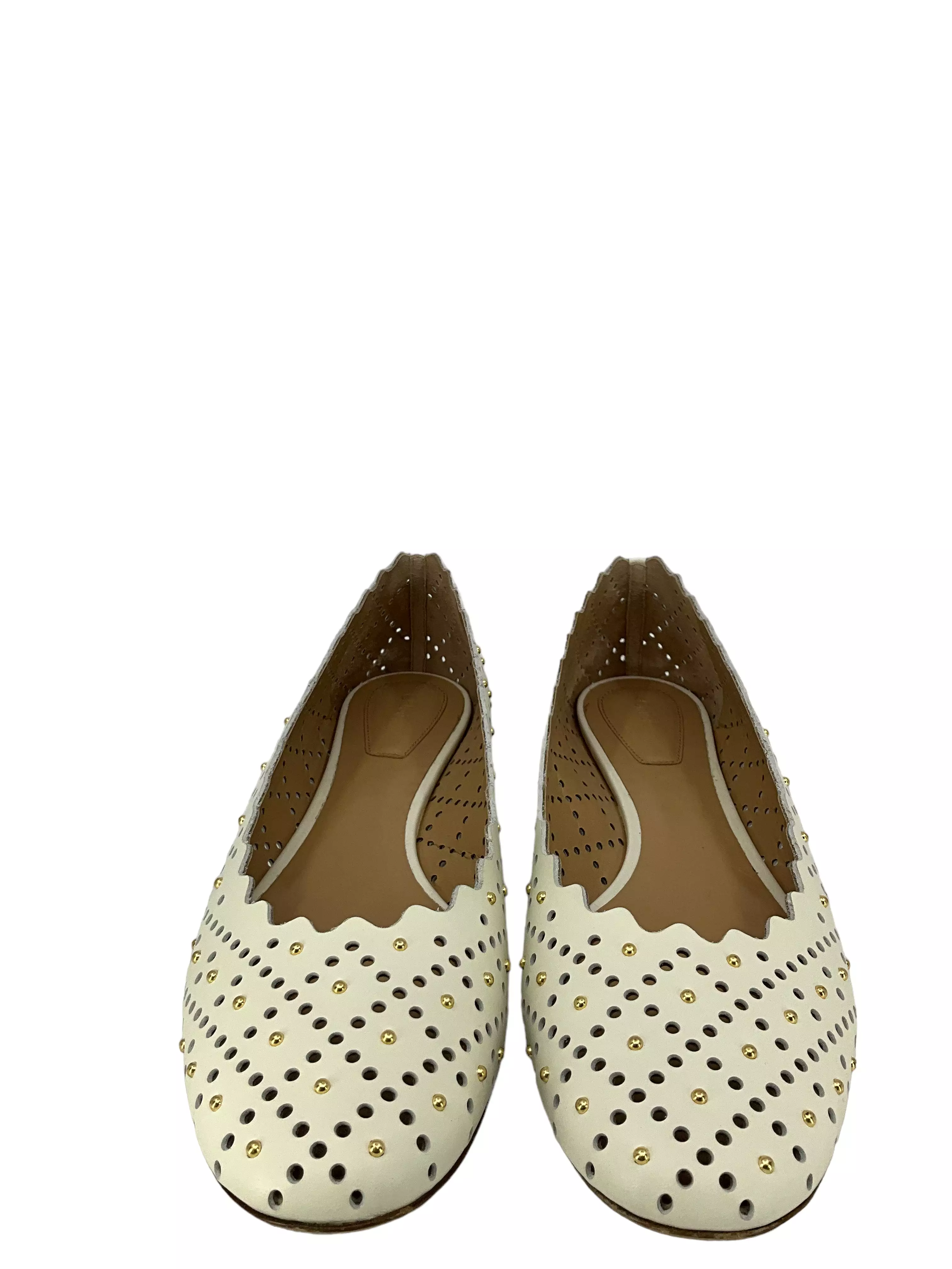 Chloe White Laser-Cut Studded Leather Flats Size 11