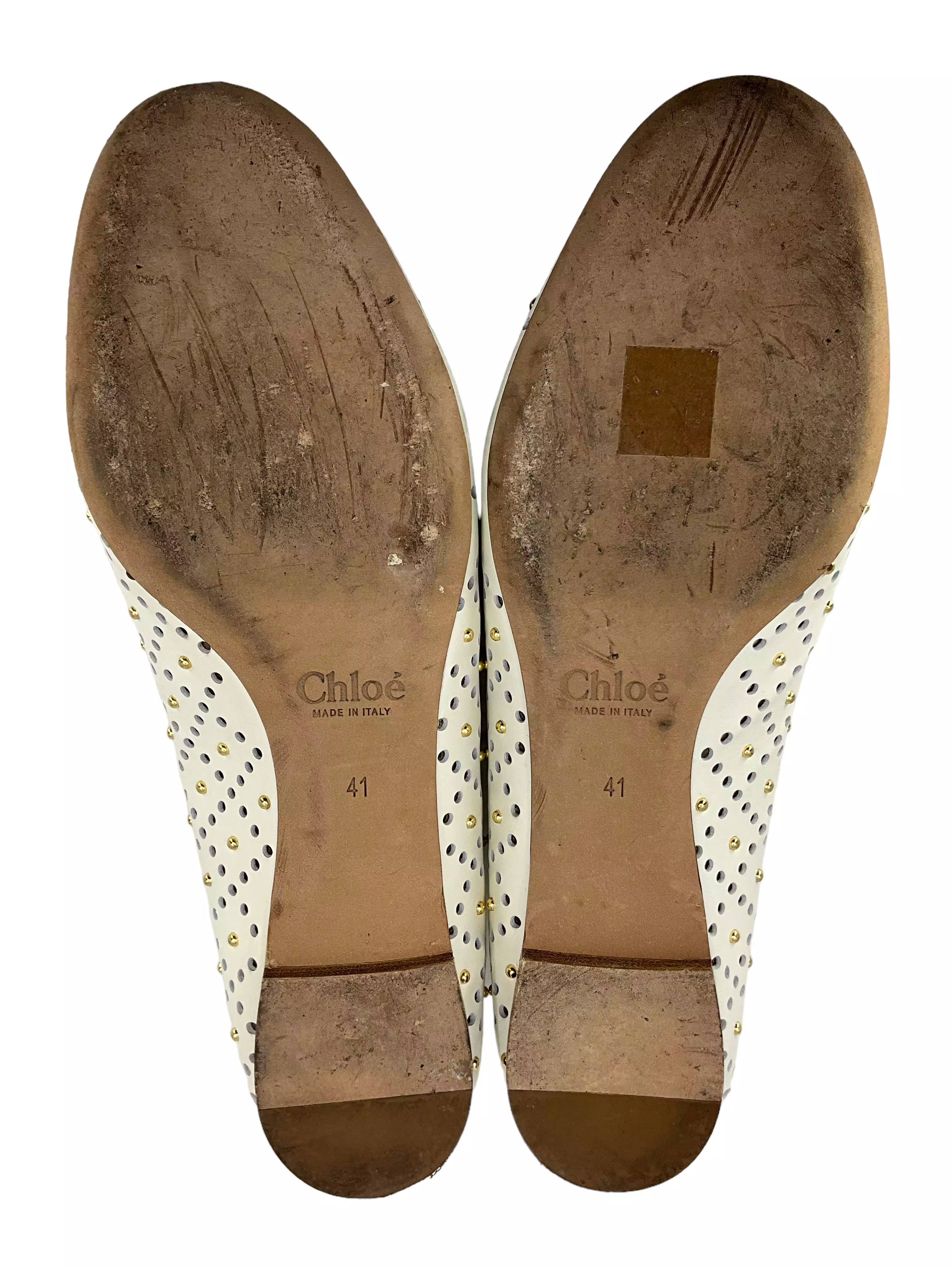 Chloe White Laser-Cut Studded Leather Flats Size 11