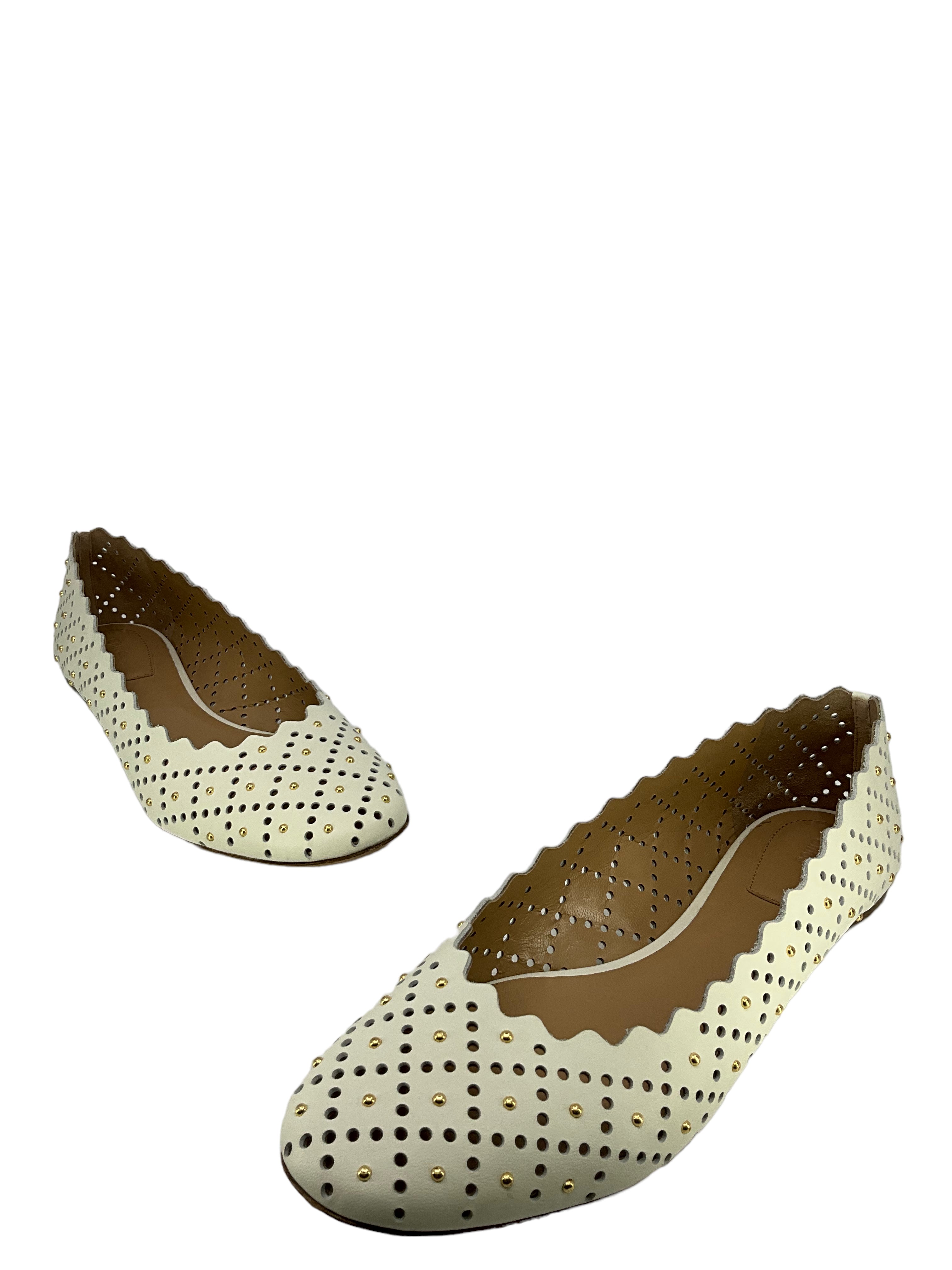 Chloe White Leather Flats with Lasercut and Studs, Size 11.