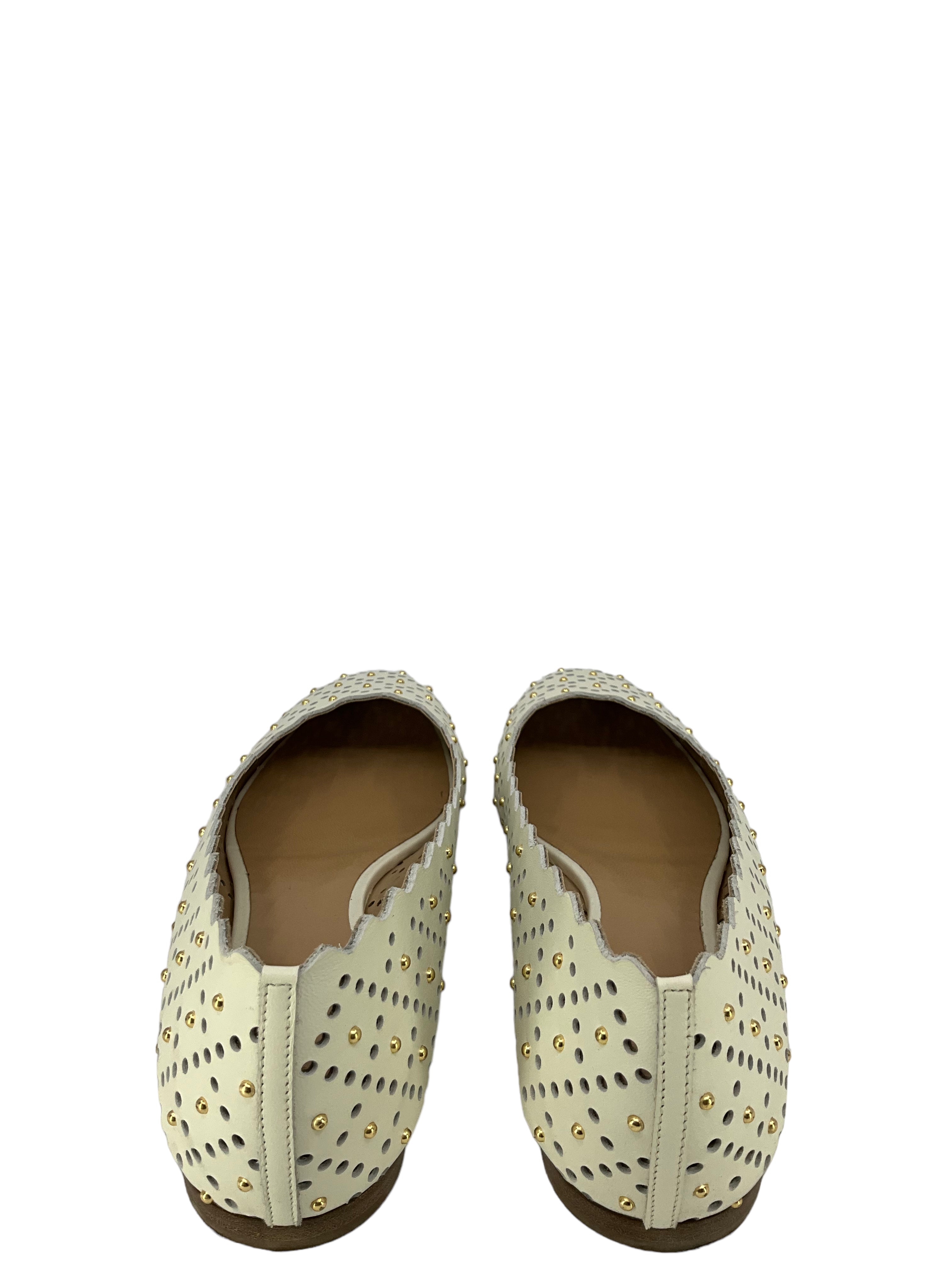 Chloe White Leather Flats with Lasercut and Studs, Size 11.