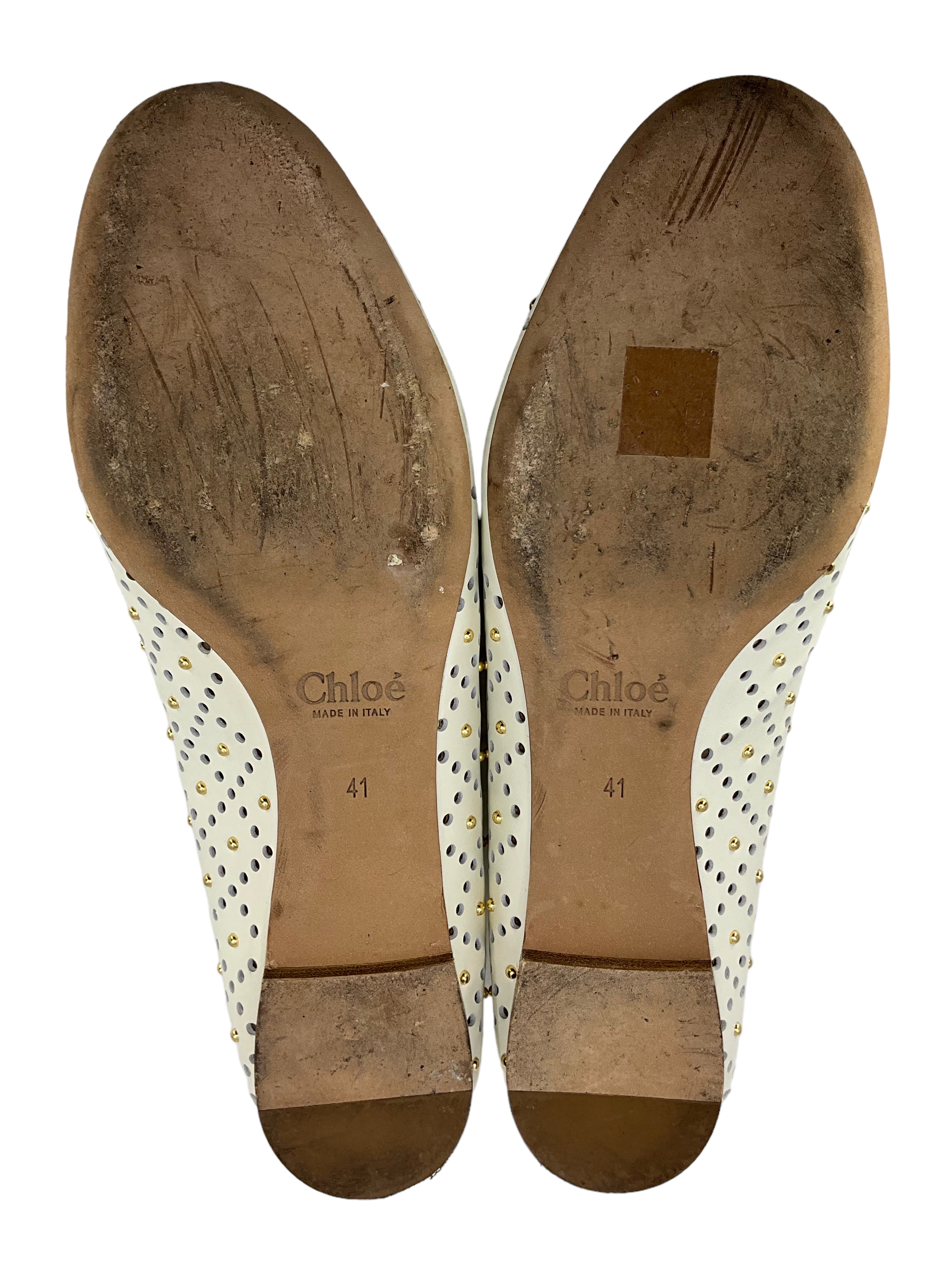 Chloe White Leather Flats with Lasercut and Studs, Size 11.