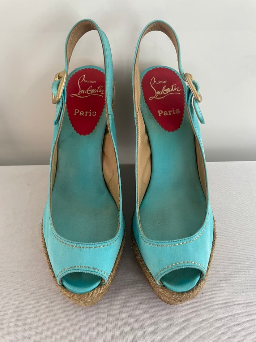 Christian Louboutin Turquoise Menorca 130mm Satin Slingback Platform Espadrille Wedge Sandals - Google SEO result.