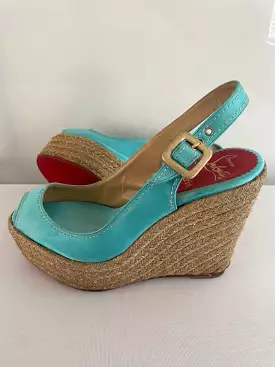 Christian Louboutin Turquoise Menorca 130mm Satin Slingback Platform Espadrille Wedge Sandals - Google SEO result.