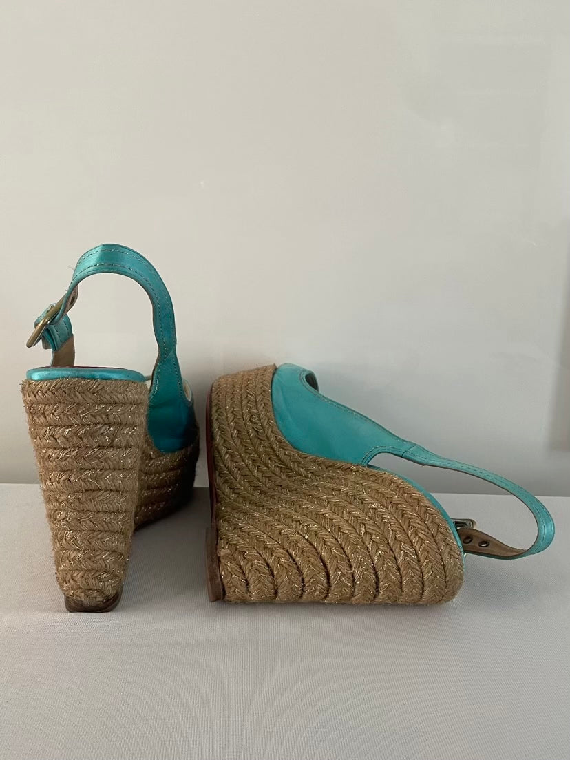 Christian Louboutin Turquoise Menorca 130mm Satin Slingback Platform Espadrille Wedge Sandals - Google SEO result.