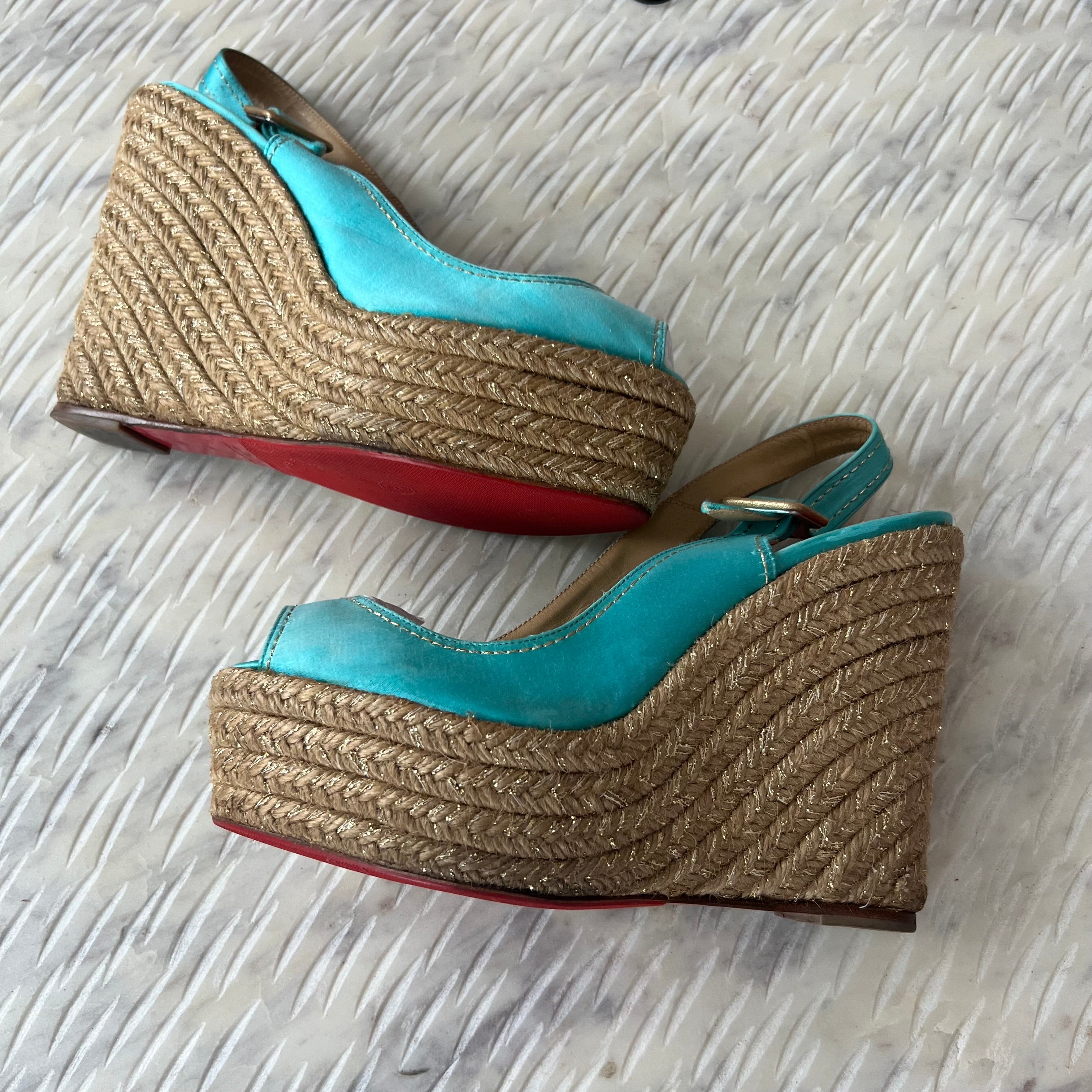 Christian Louboutin Turquoise Menorca 130mm Satin Slingback Platform Espadrille Wedge Sandals - Google SEO result.