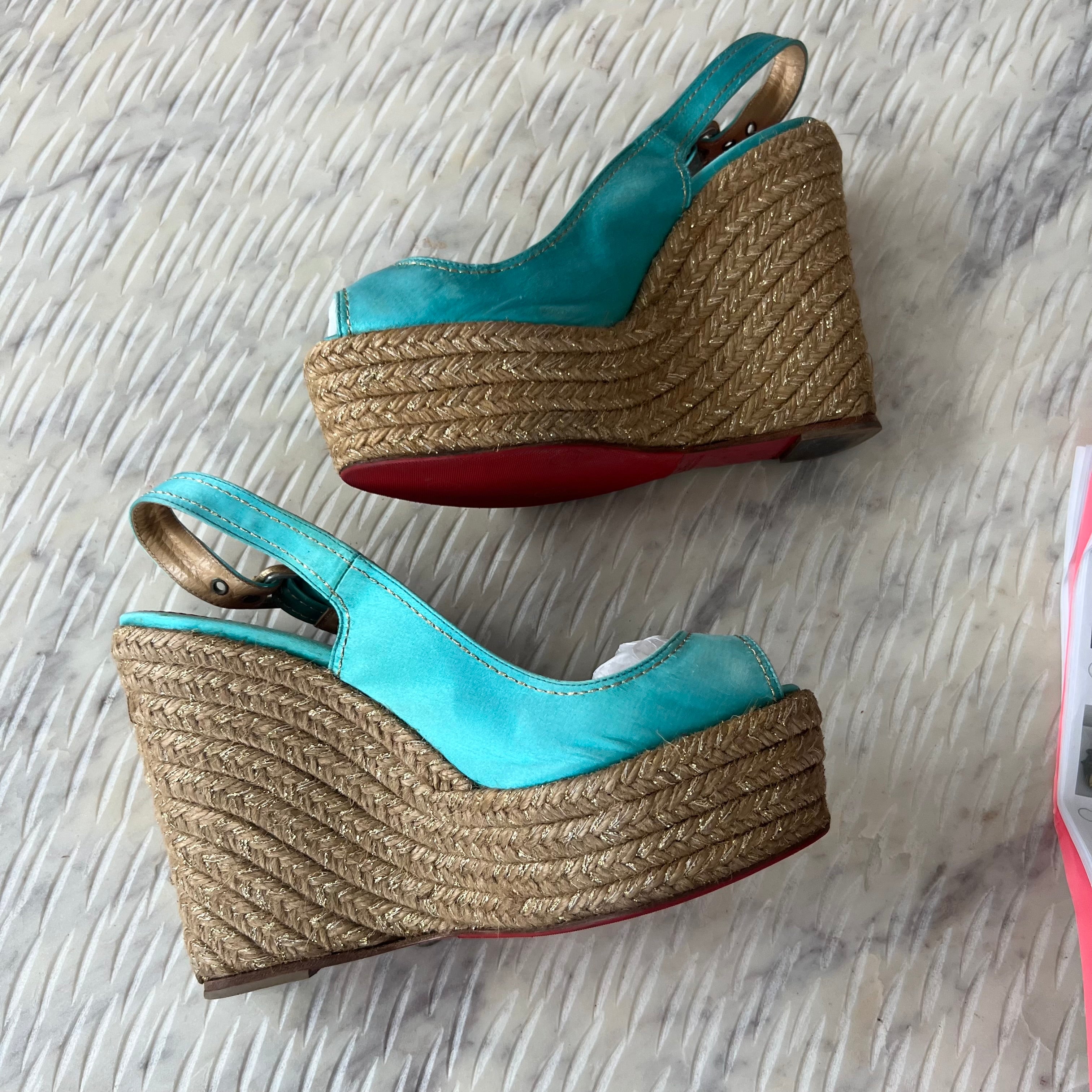 Christian Louboutin Turquoise Menorca 130mm Satin Slingback Platform Espadrille Wedge Sandals - Google SEO result.