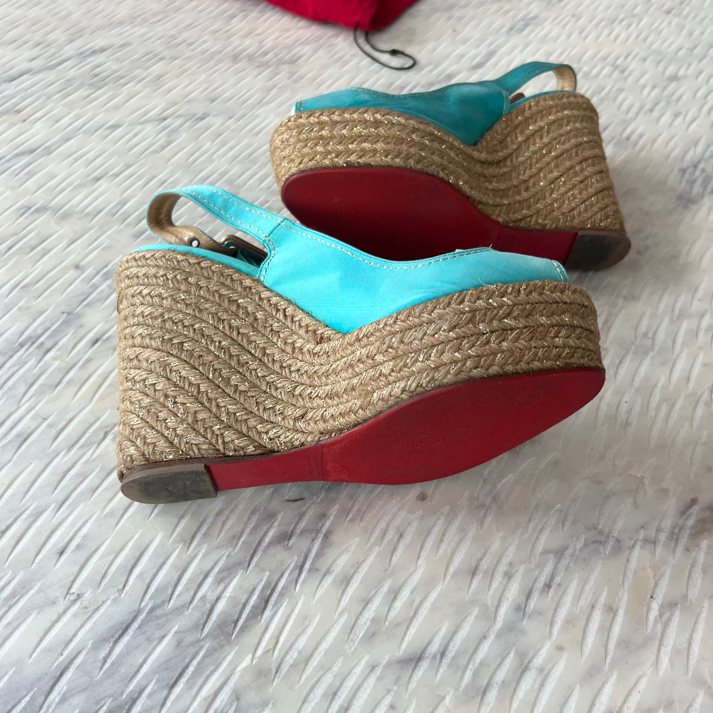 Christian Louboutin Turquoise Menorca 130mm Satin Slingback Platform Espadrille Wedge Sandals - Google SEO result.