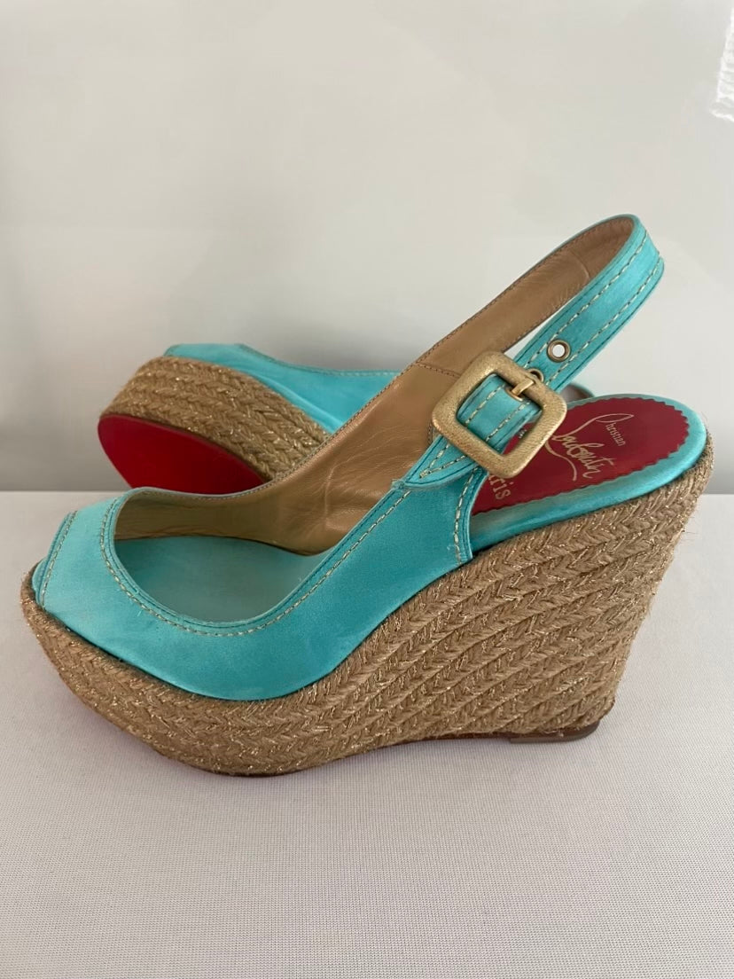 Christian Louboutin Turquoise Menorca 130mm Satin Slingback Platform Espadrille Wedge Sandals