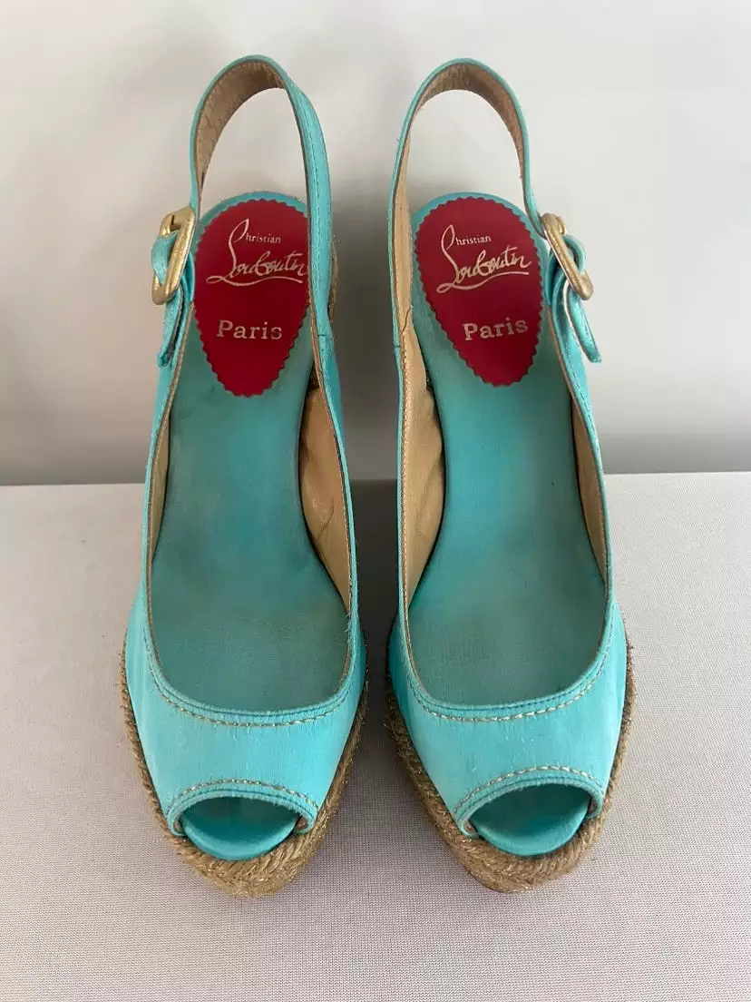 Christian Louboutin Turquoise Menorca 130mm Satin Slingback Platform Espadrille Wedge Sandals.