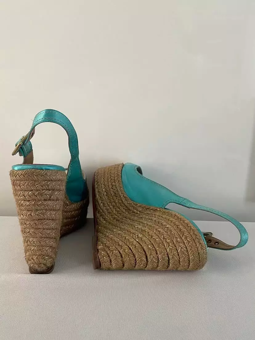 Christian Louboutin Turquoise Menorca 130mm Satin Slingback Platform Espadrille Wedge Sandals.