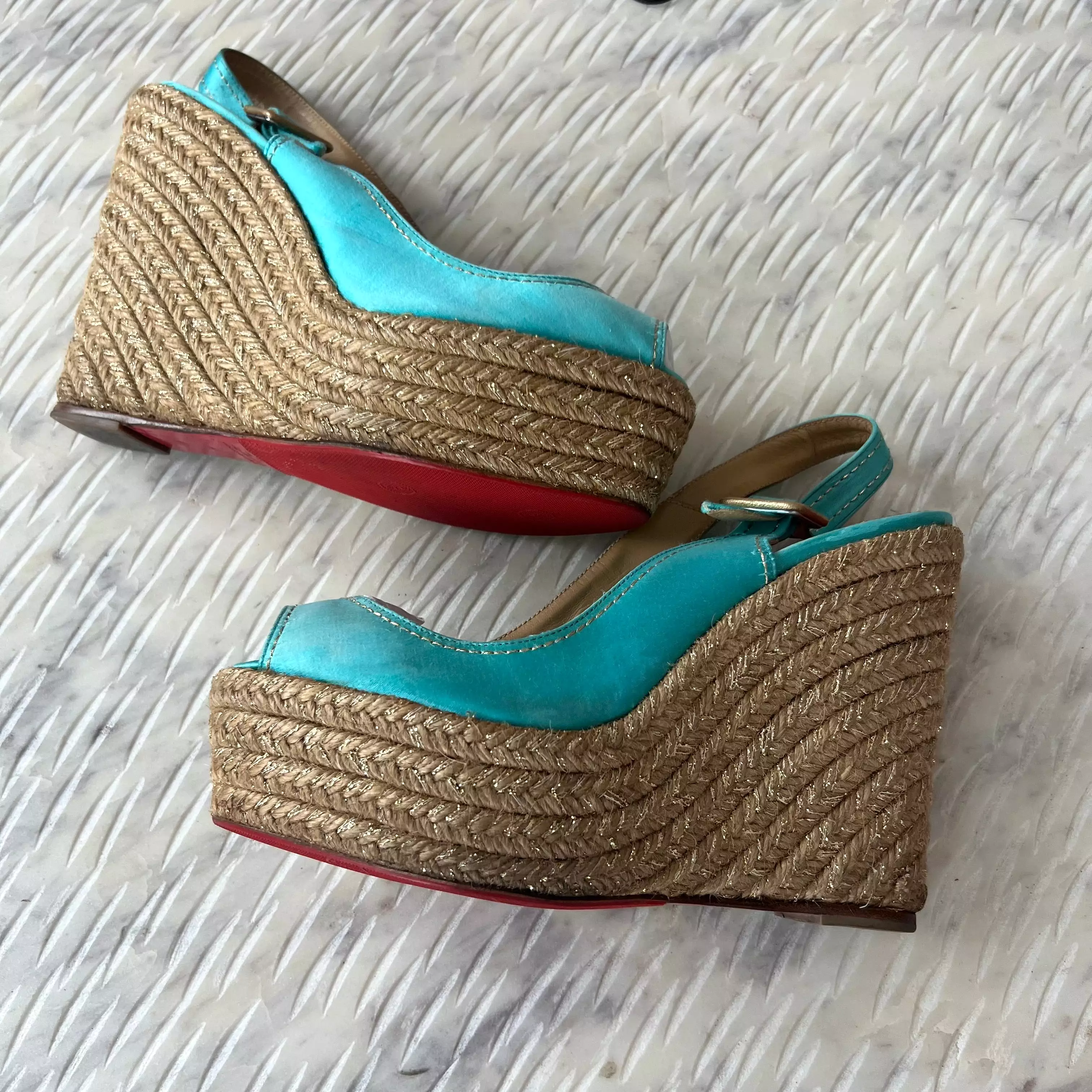 Christian Louboutin Turquoise Menorca 130mm Satin Slingback Platform Espadrille Wedge Sandals.