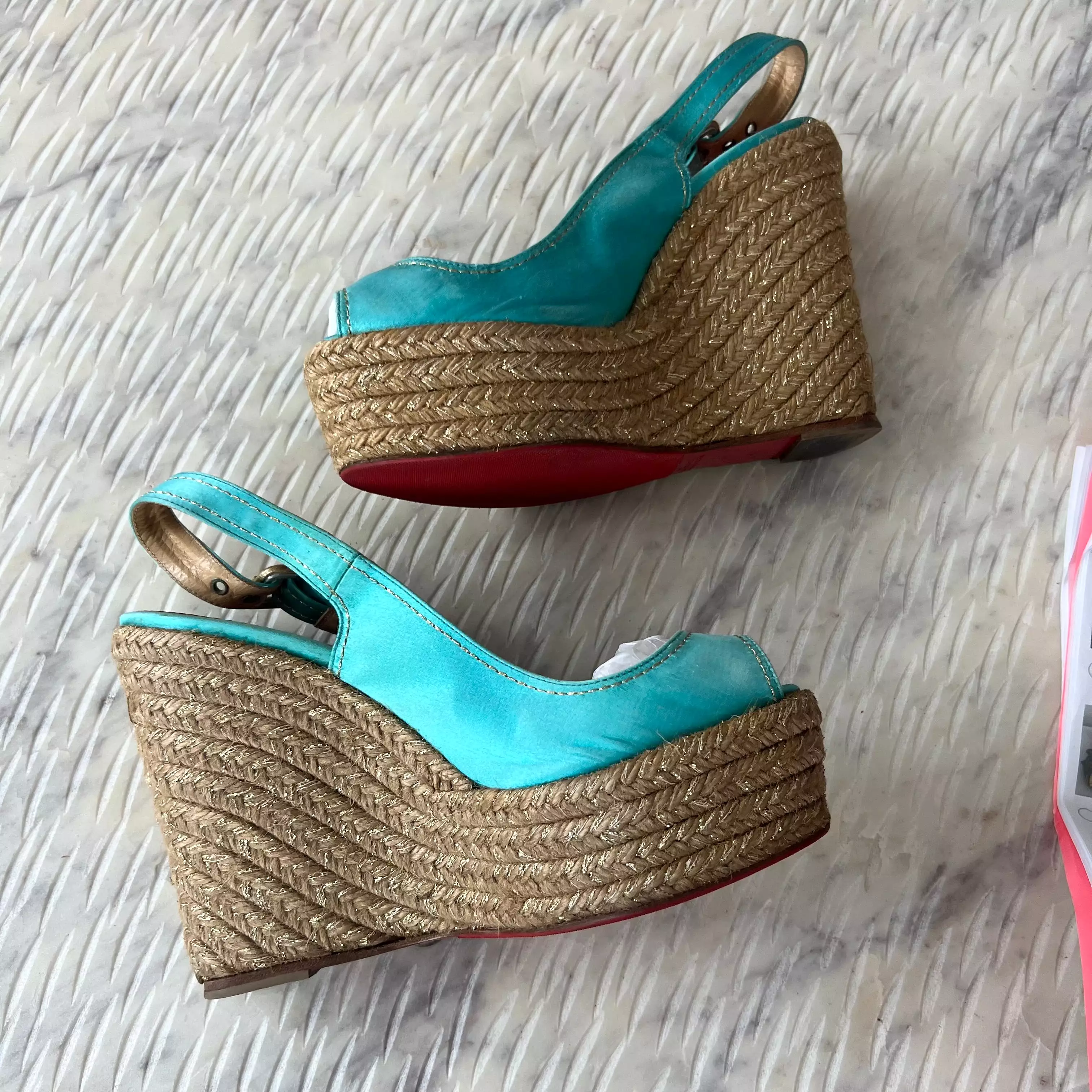 Christian Louboutin Turquoise Menorca 130mm Satin Slingback Platform Espadrille Wedge Sandals.