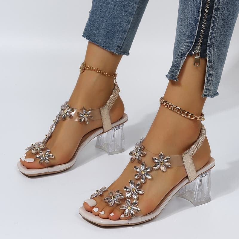 Chunky Heel Rhinestone Sandals