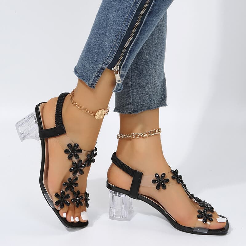 Chunky Heel Rhinestone Sandals