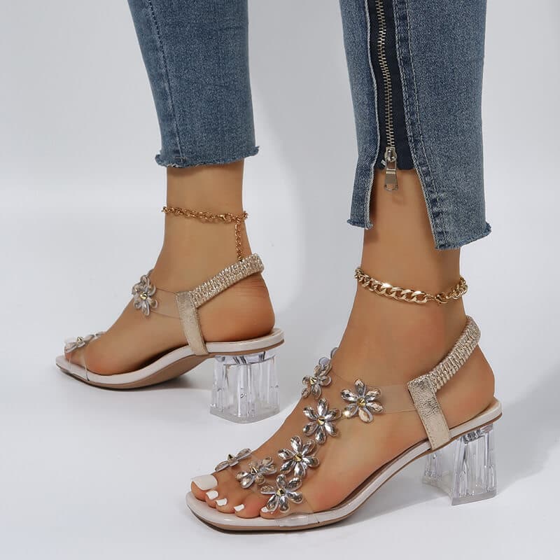 Chunky Heel Rhinestone Sandals