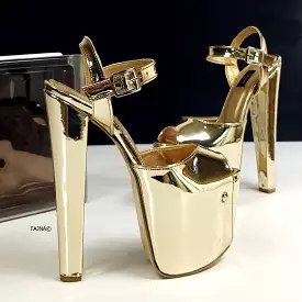 Chunky High Heel Sandals with Golden Mirror Finish