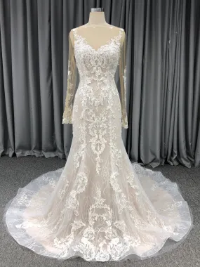 Column V Dress Sheath Lace Wedding Dress with Short Train