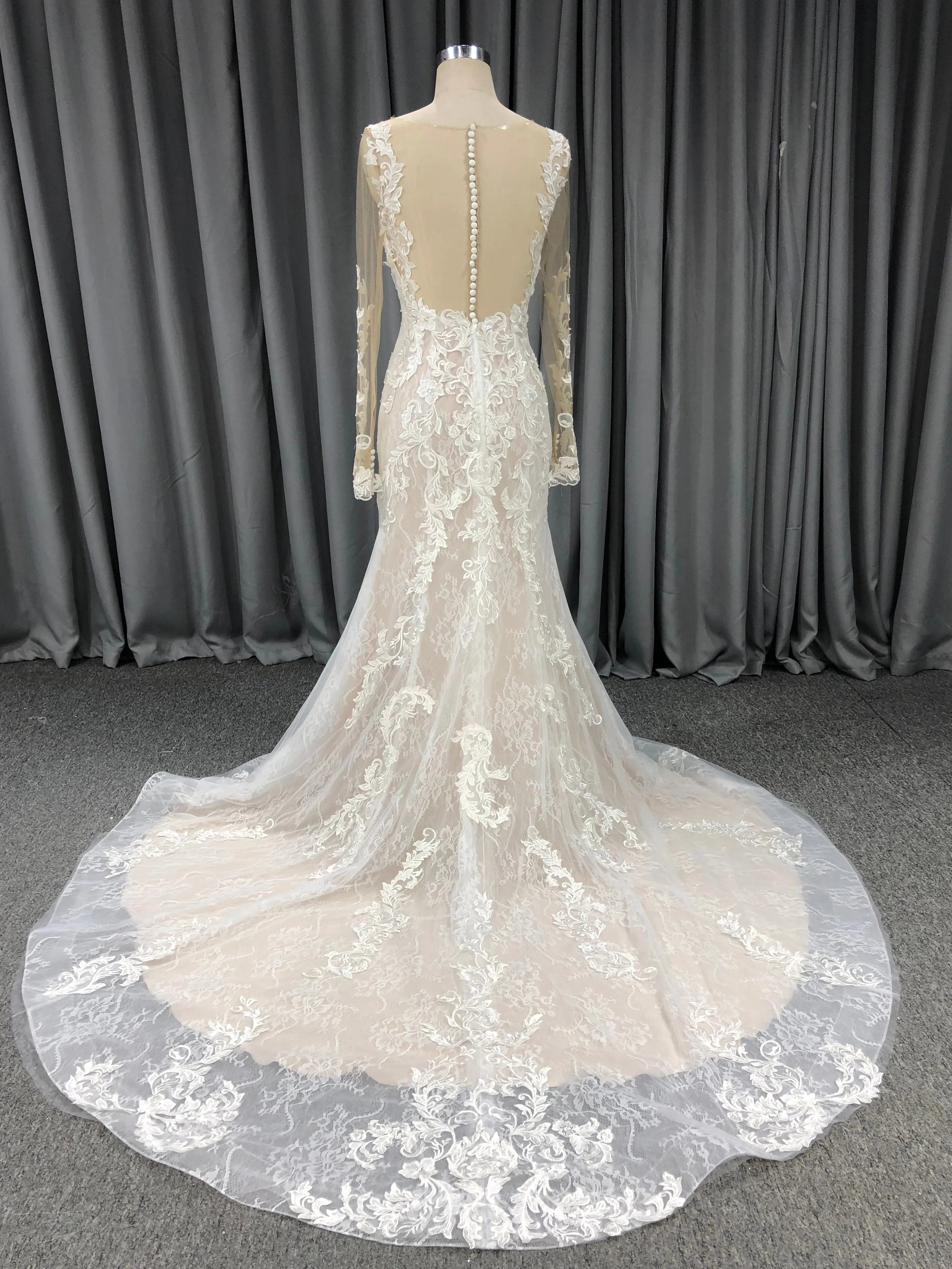 Column V Dress Sheath Lace Wedding Dress with Short Train