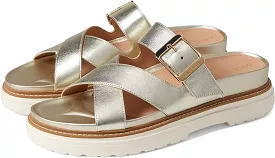 Cole Haan Fraya Slide Soft Gold Leather Sandals - Open Toe - Chunky Heel