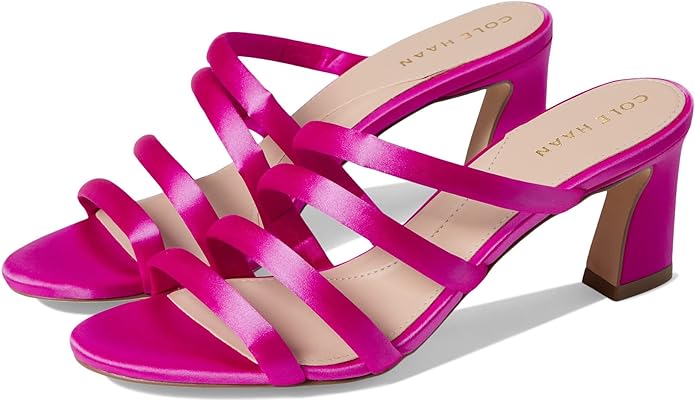 Cole Haan women's bright pink satin open toe slingback sandals with block heel.