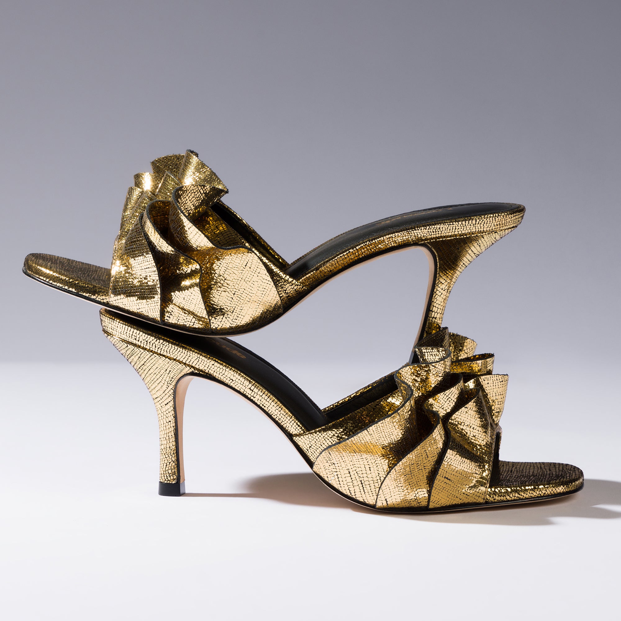 Colette Gold Cracked Metallic Leather Mule Ruffle