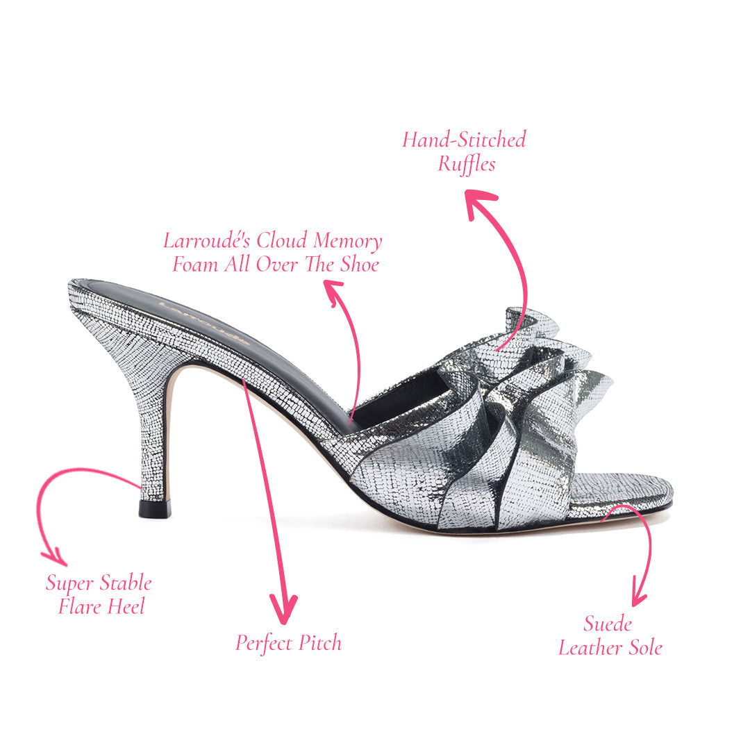 Colette Ruffle Mule Silver Cracked Metallic Leather.