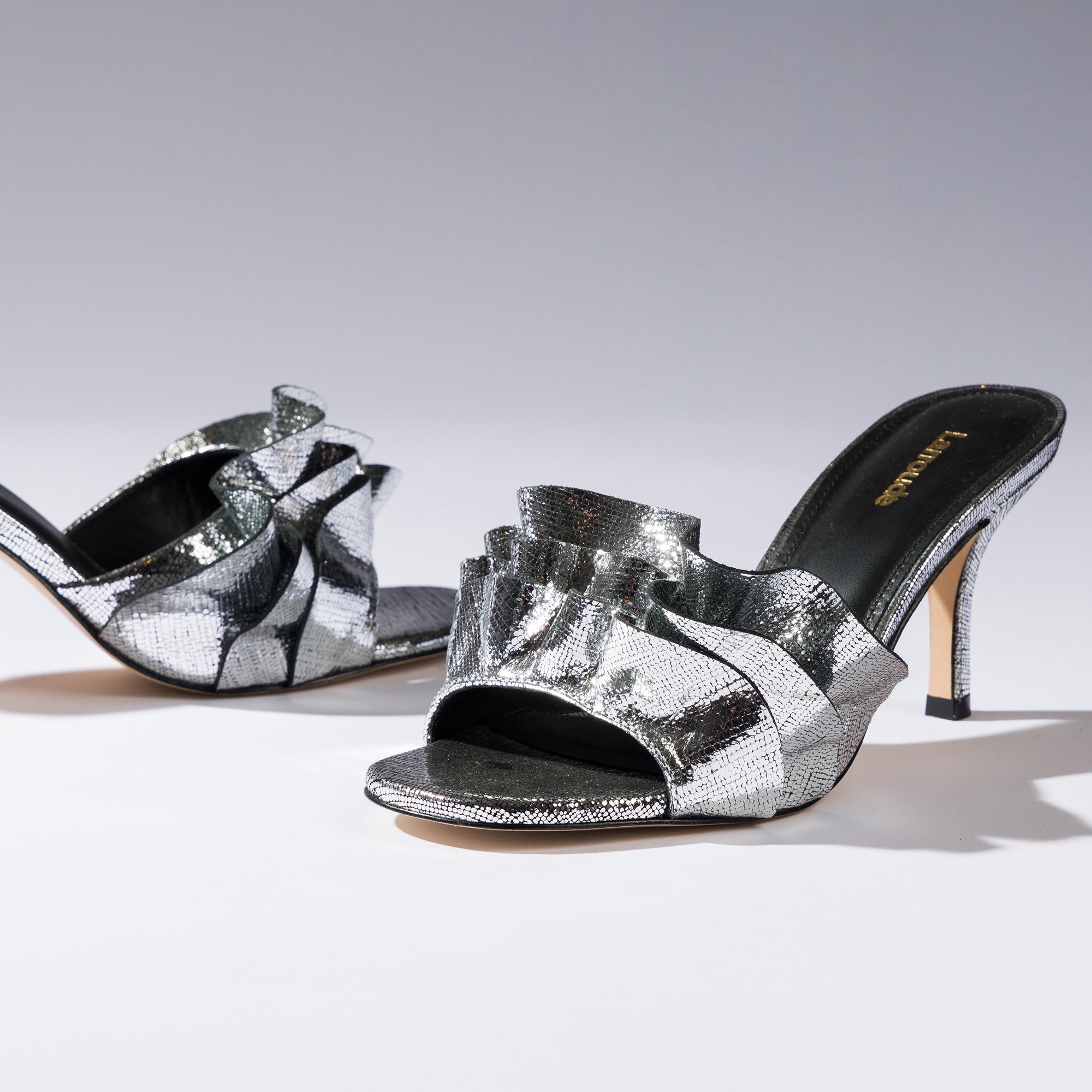 Colette Ruffle Mule Silver Cracked Metallic Leather.