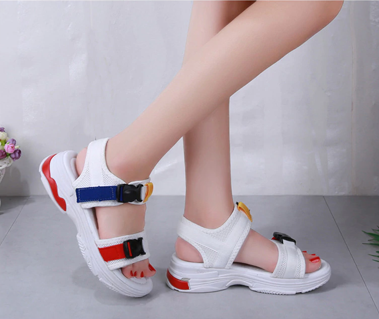 Colorful Open Toe Wedge Sandals With Buckle