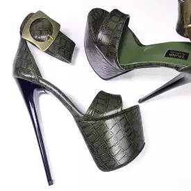 Dark Green Alligator Print High Heeled Sandals