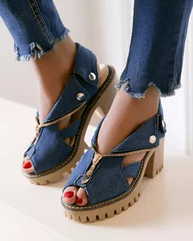 Denim Zipper Sandals - Large Size