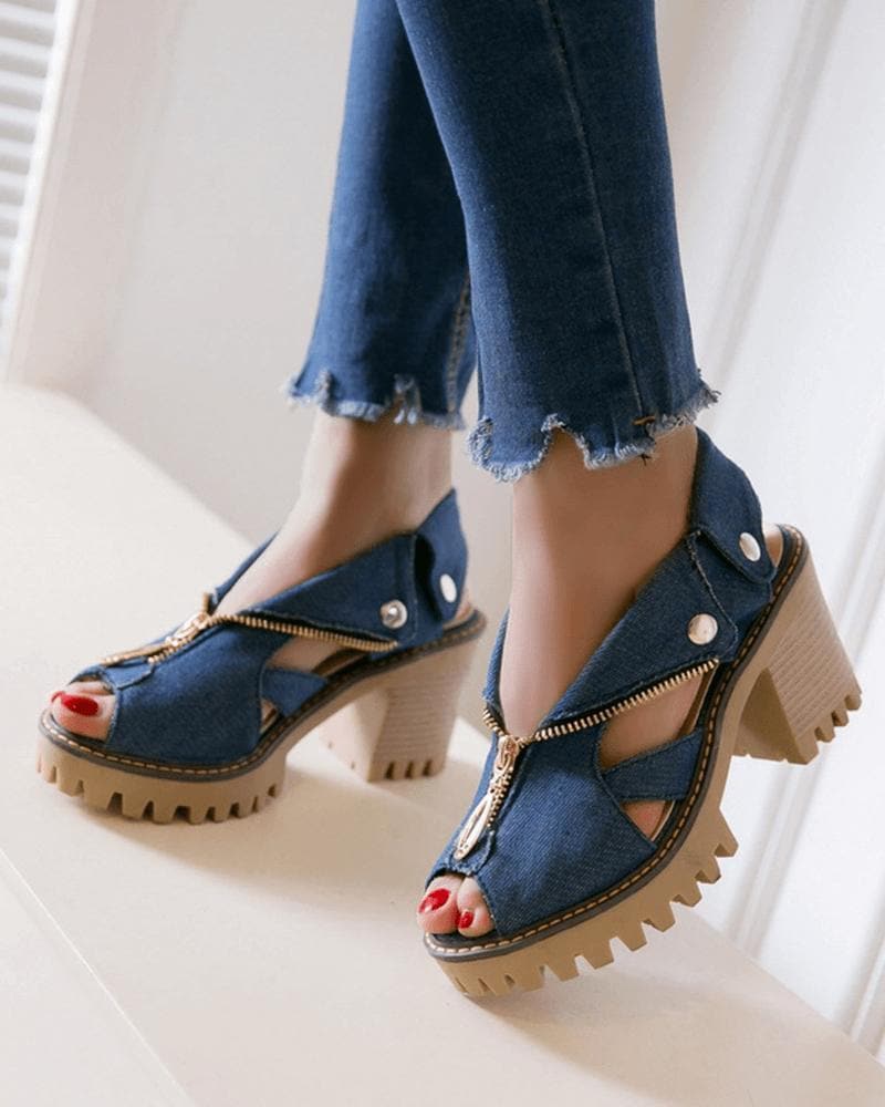 Denim Zipper Sandals - Large Size