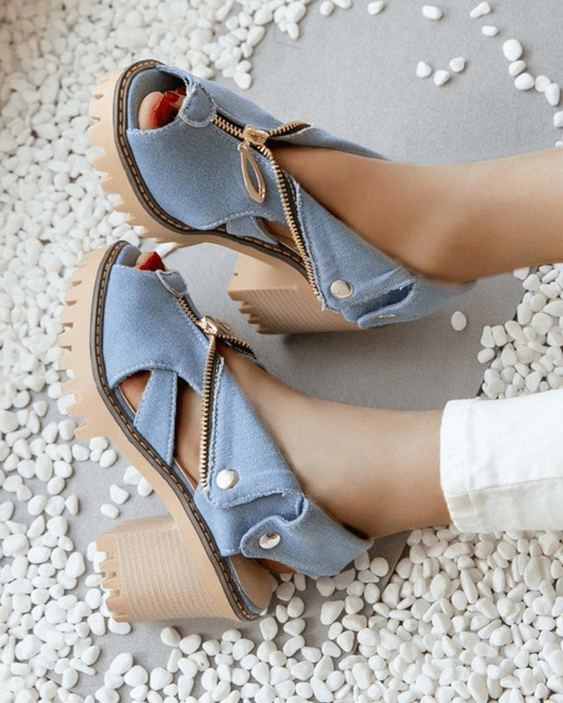 Denim Zipper Sandals - Large Size