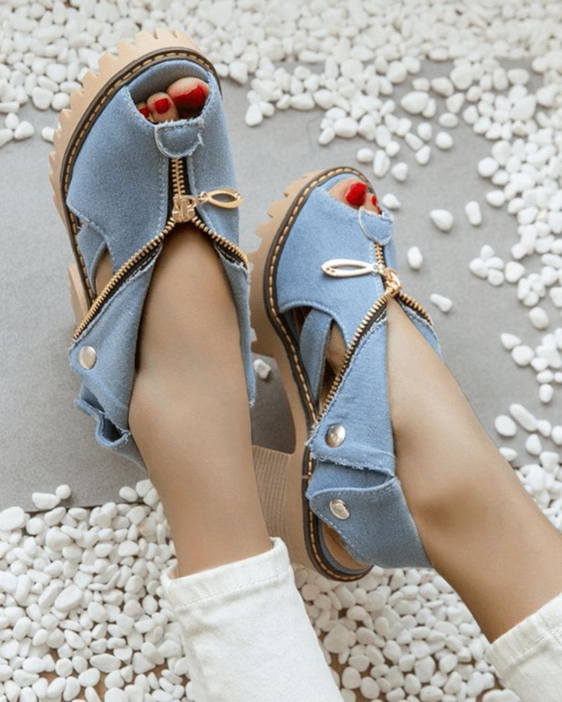 Denim Zipper Sandals - Large Size