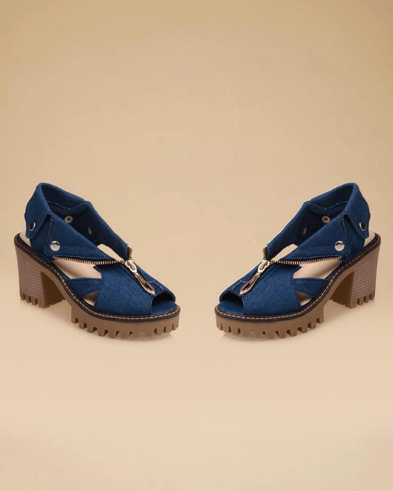 Denim Zipper Sandals - Large Size