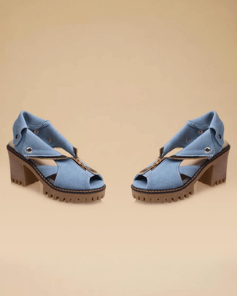 Denim Zipper Sandals - Large Size