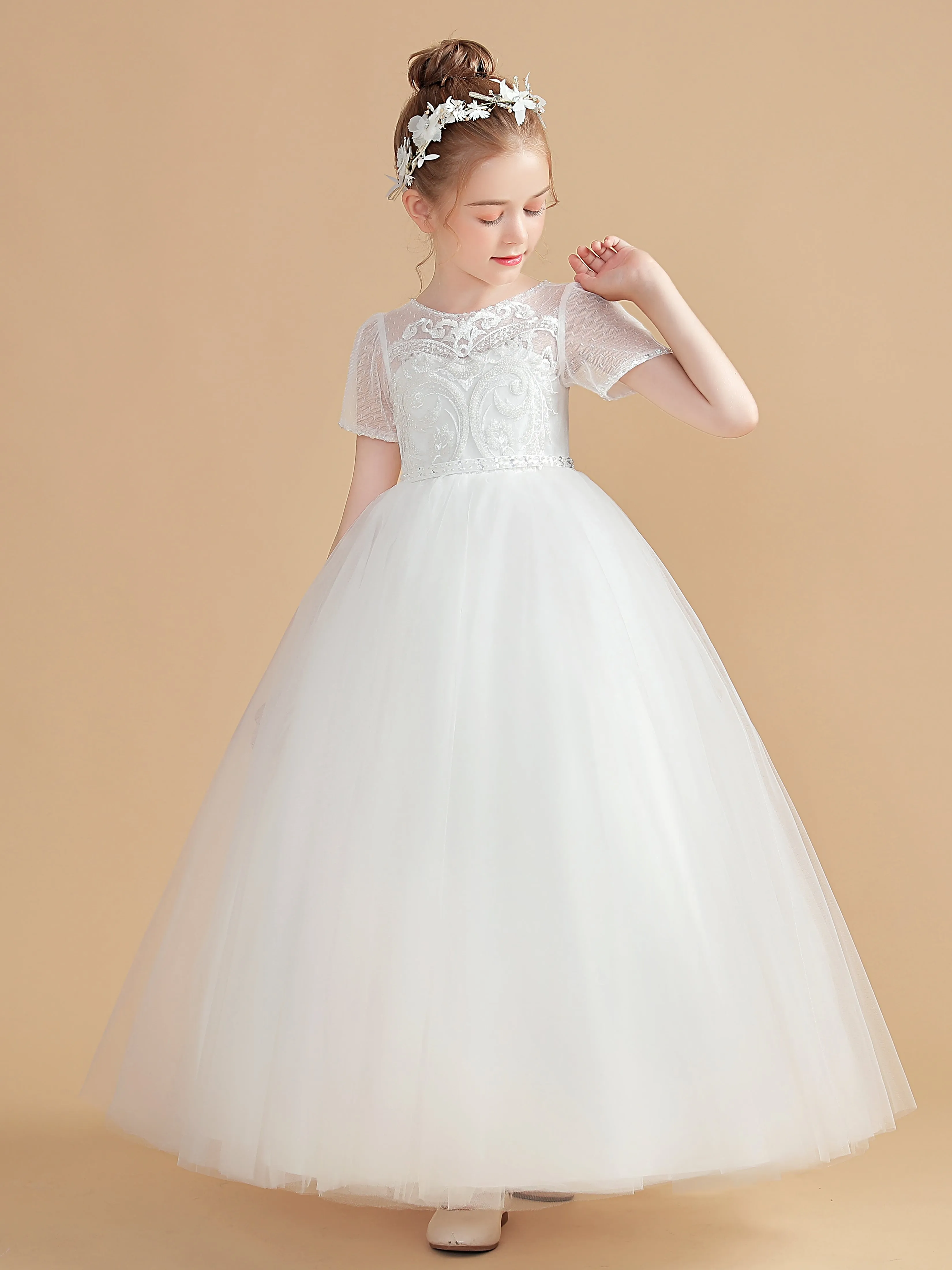 Short Sleeve Tulle Long Dress Girl