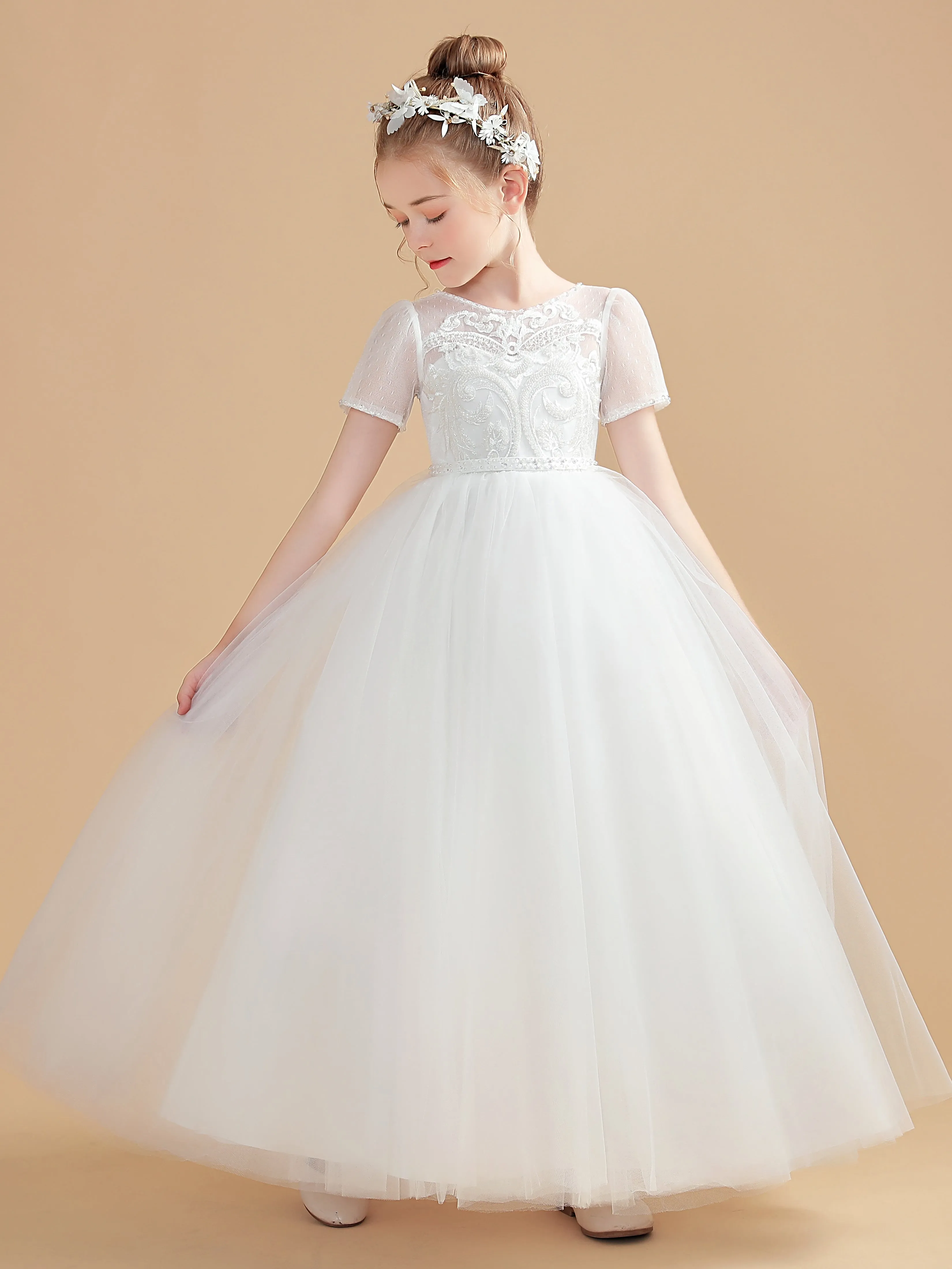 Short Sleeve Tulle Long Dress Girl