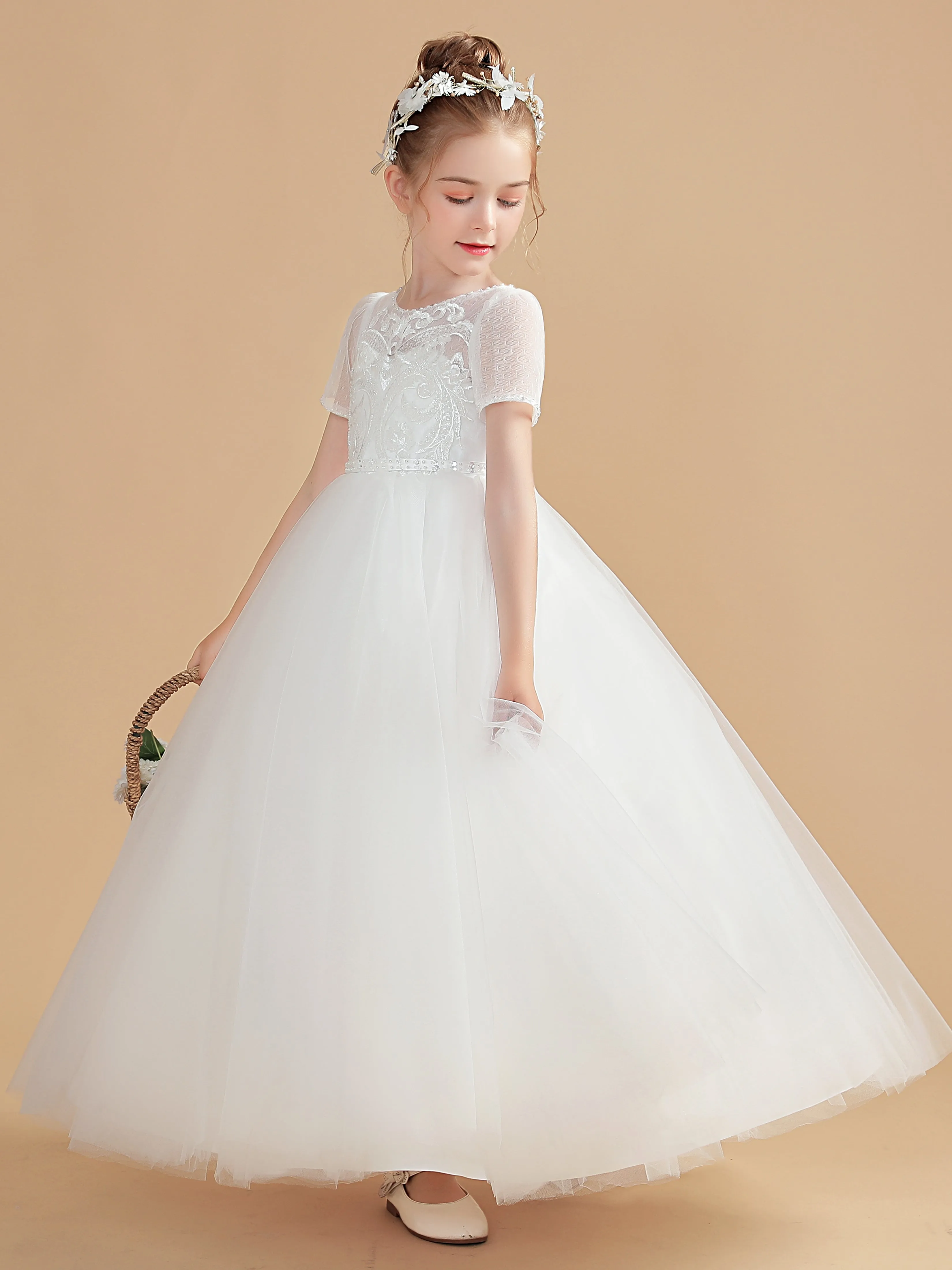 Short Sleeve Tulle Long Dress Girl