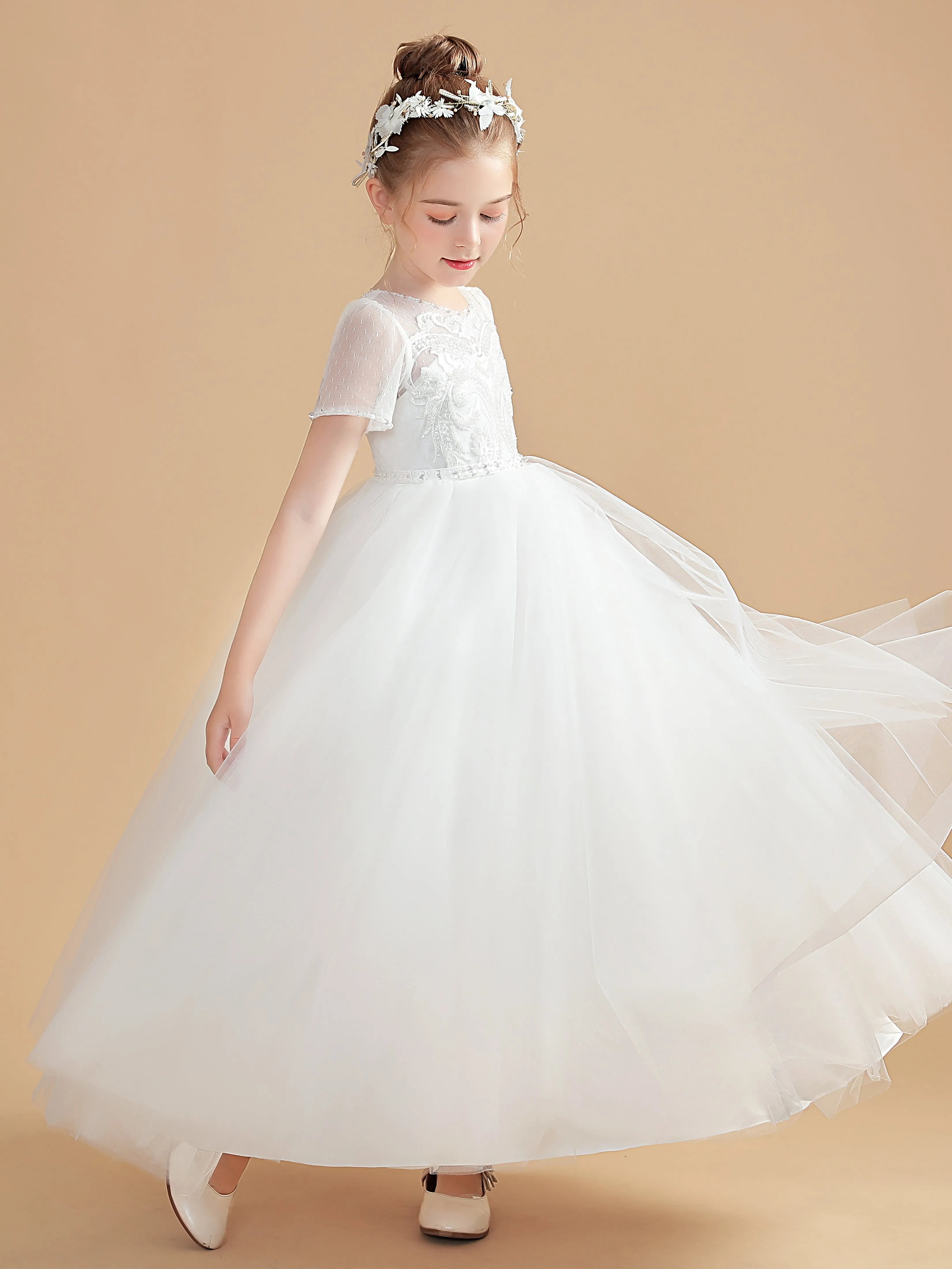 Short Sleeve Tulle Long Dress Girl