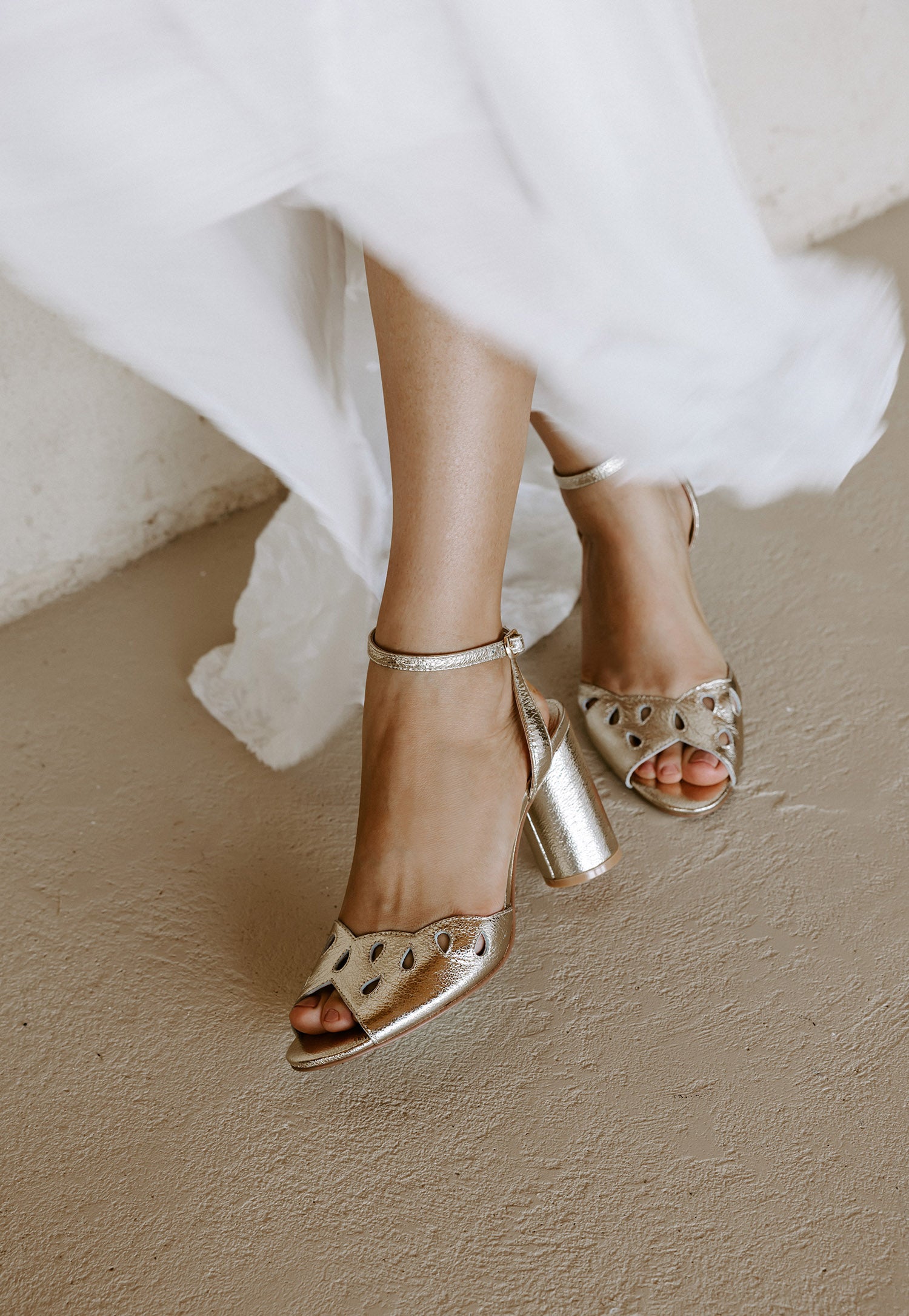 Divine Gold Metallic Leather Block Heel Sandals - Best Price Offered